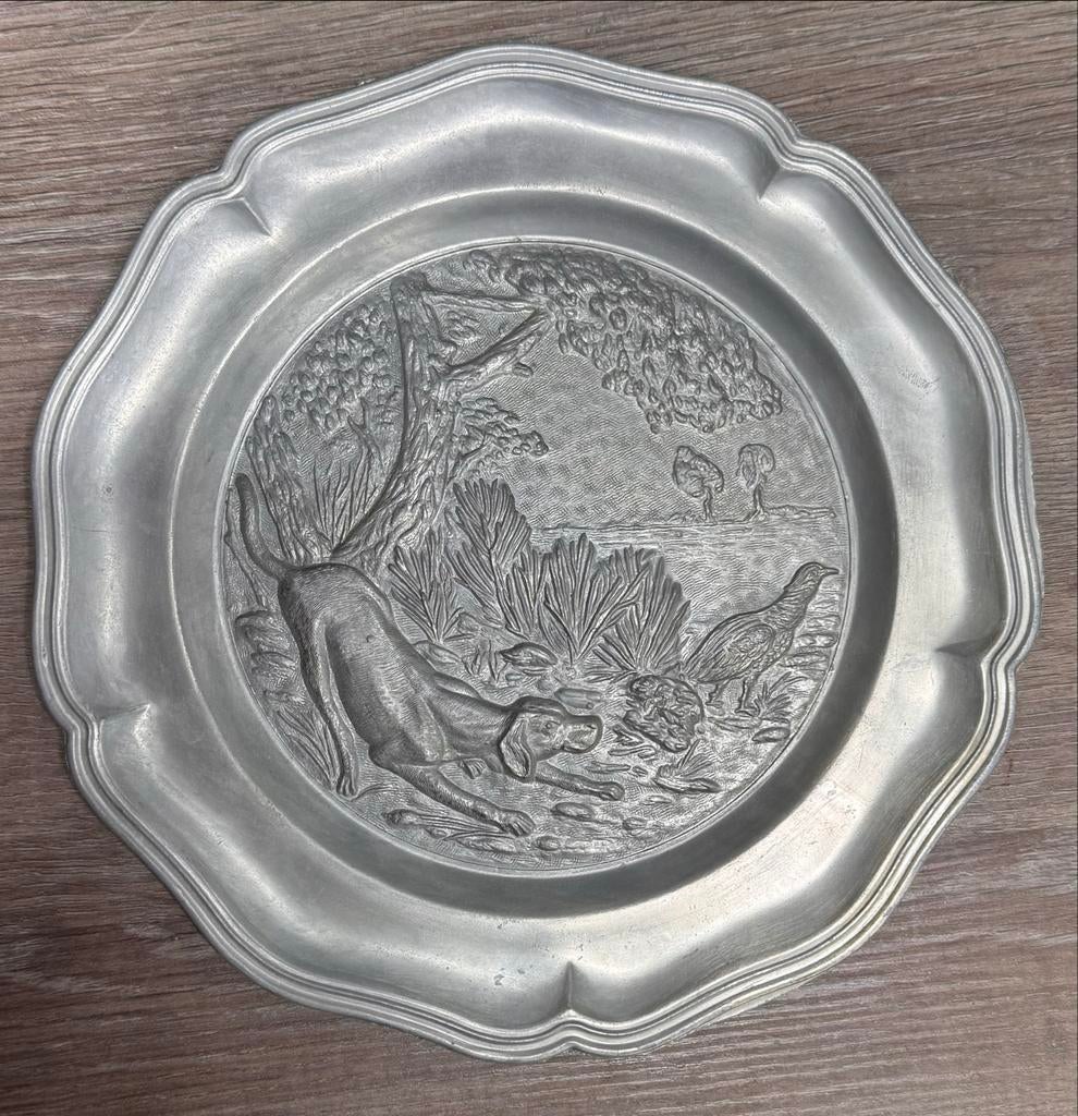Vintage Tinnen Wandbord met Jachtscène en Engelmerk, Ophalen of Verzenden