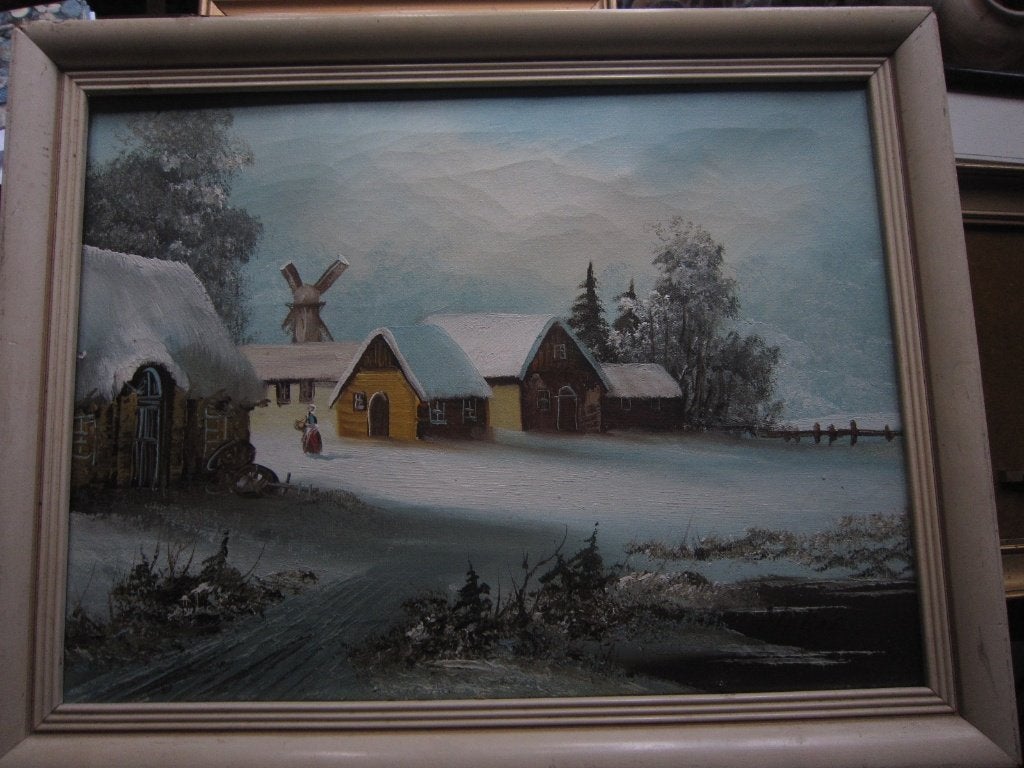 Gezellig wintertafereel met een persoon op de weg, Ophalen of Verzenden