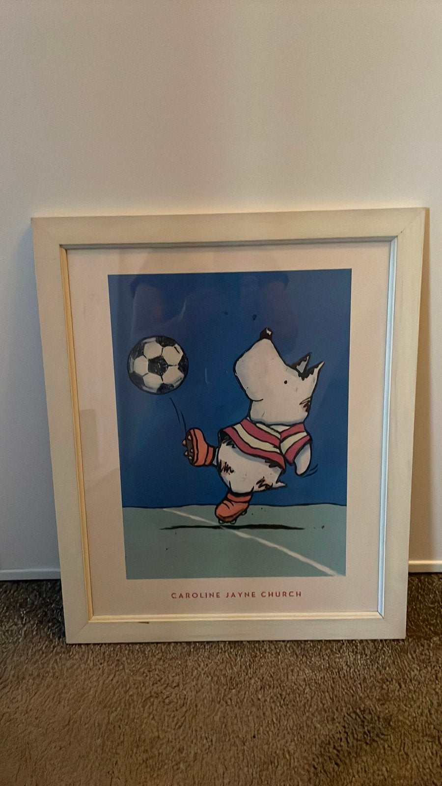 Poster met voetbal hond in lijst, Gebruikt, Ophalen of Verzenden, Wit, Hout