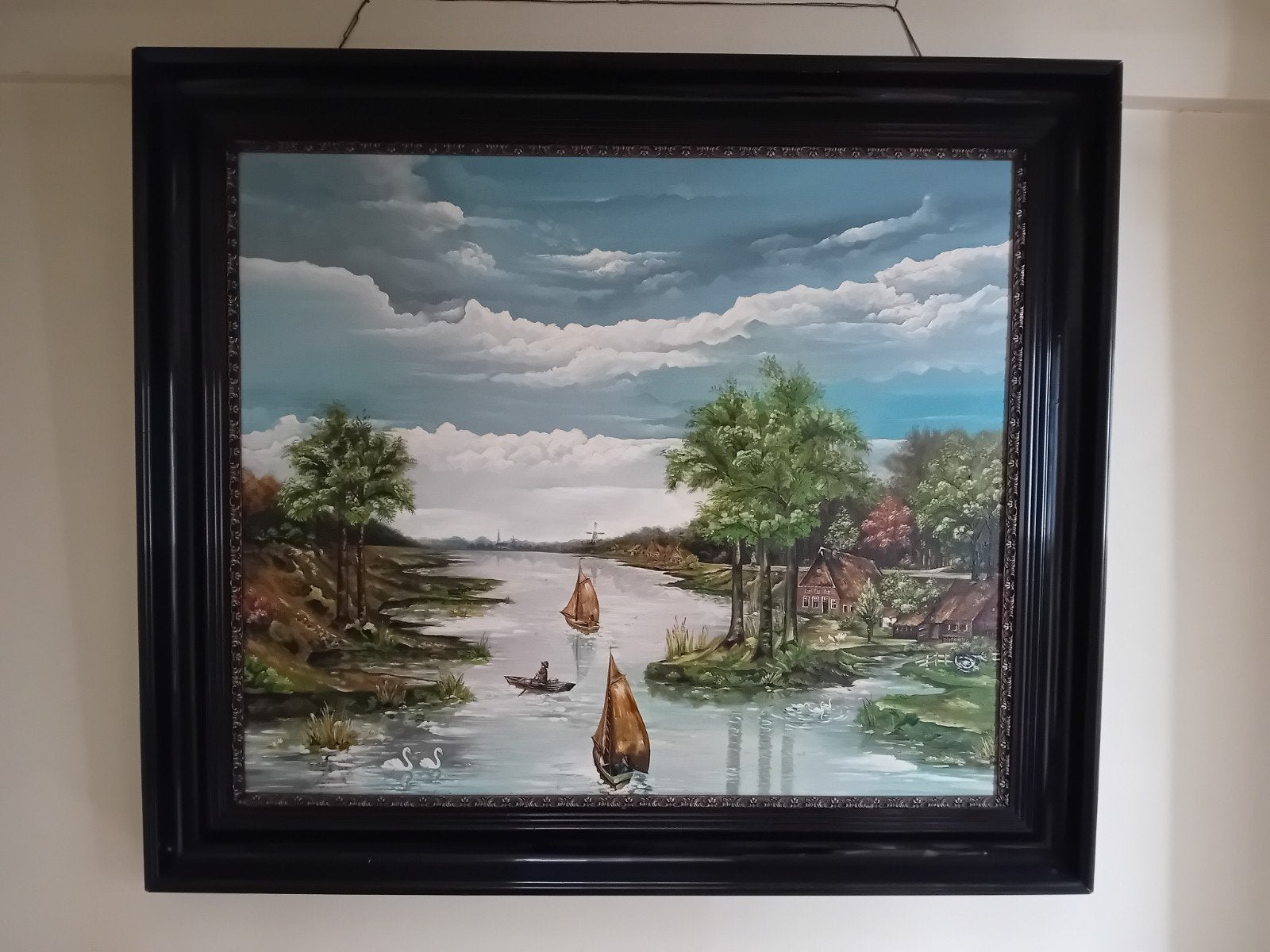 Groot Schilderij Hollands Landschap met boten en zwanen, Ophalen