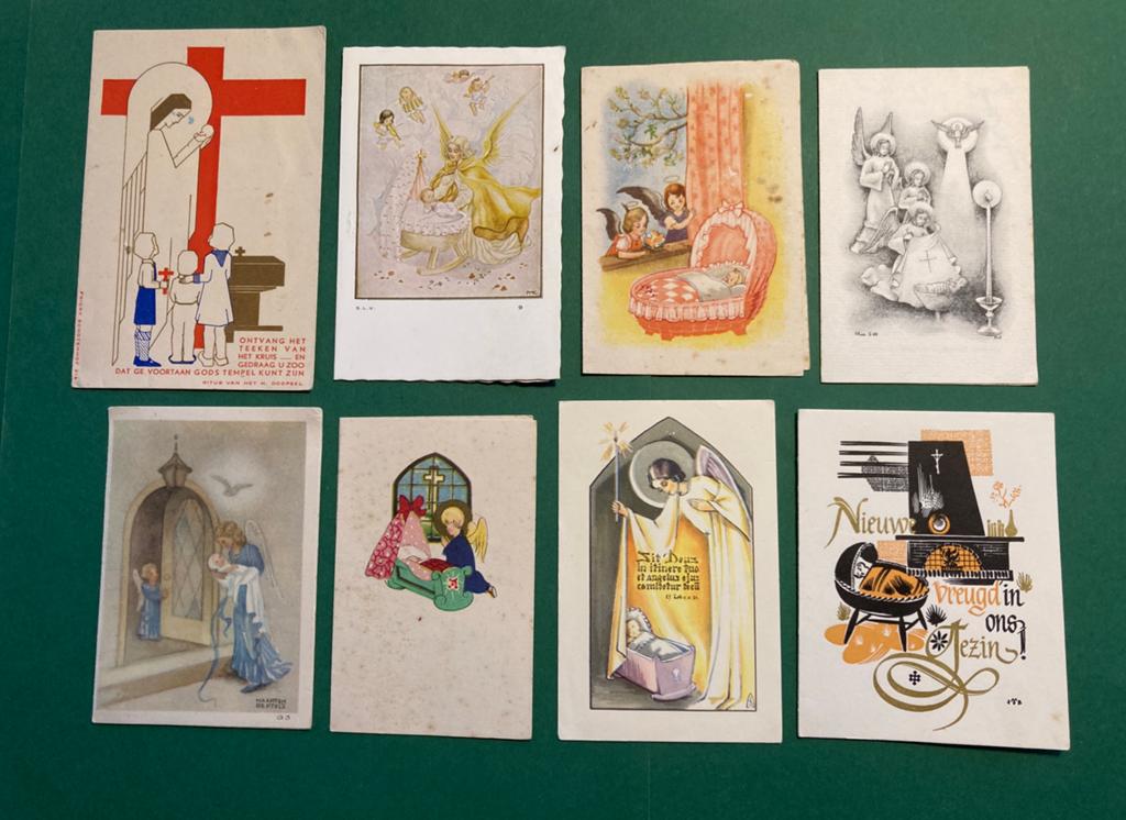 8 oude katholieke geboortekaartjes, Verzamelen, Ophalen of Verzenden, Voor 1970, Geboortekaartje