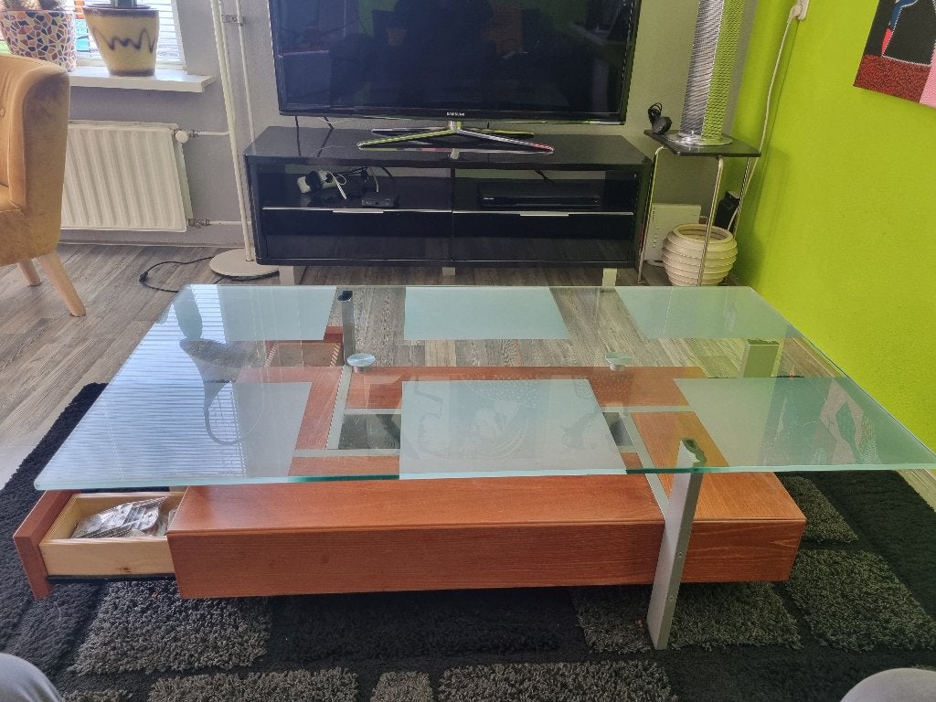 glazen salontafel met 4 laden, Huis en Inrichting, Tafels | Salontafels, Ophalen, Gebruikt, 100 tot 150 cm, 50 tot 100 cm