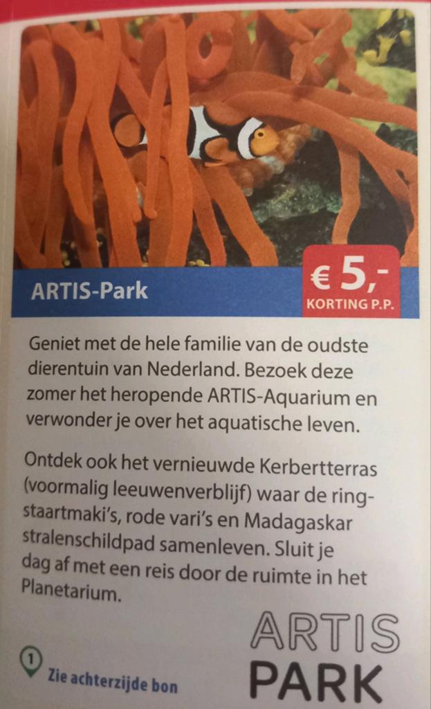 Artis Park 5 euro korting pp 5 pers 25 euro kortings bon, Drie personen of meer, Kortingskaart