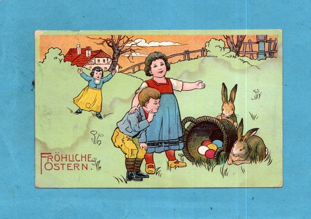 Mooie oude paaskaart W034 - kinderen/haasjes/paaseitjes, Verzenden, Voor 1920, Gelopen, Kinderen