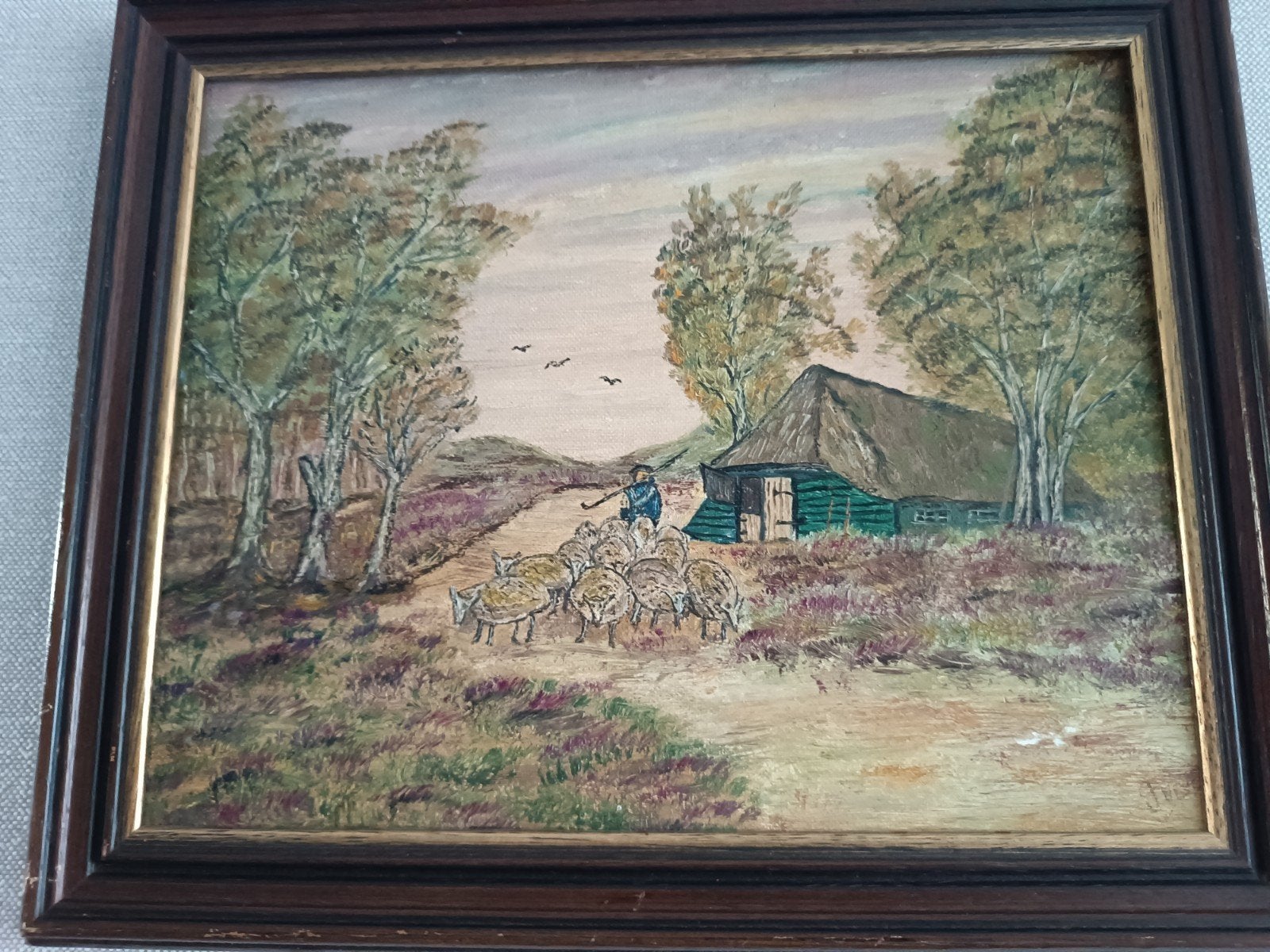 Herders met schapen op de heide - Olieverfschilderij, Doek, Origineel werk, Ophalen of Verzenden, Landschap