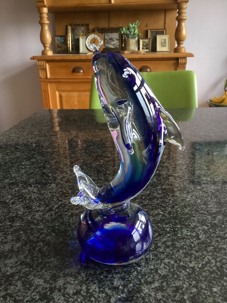 Beeld, glas, dolfijn, blauw, handgemaakt, 19 cm, vintage, Ophalen