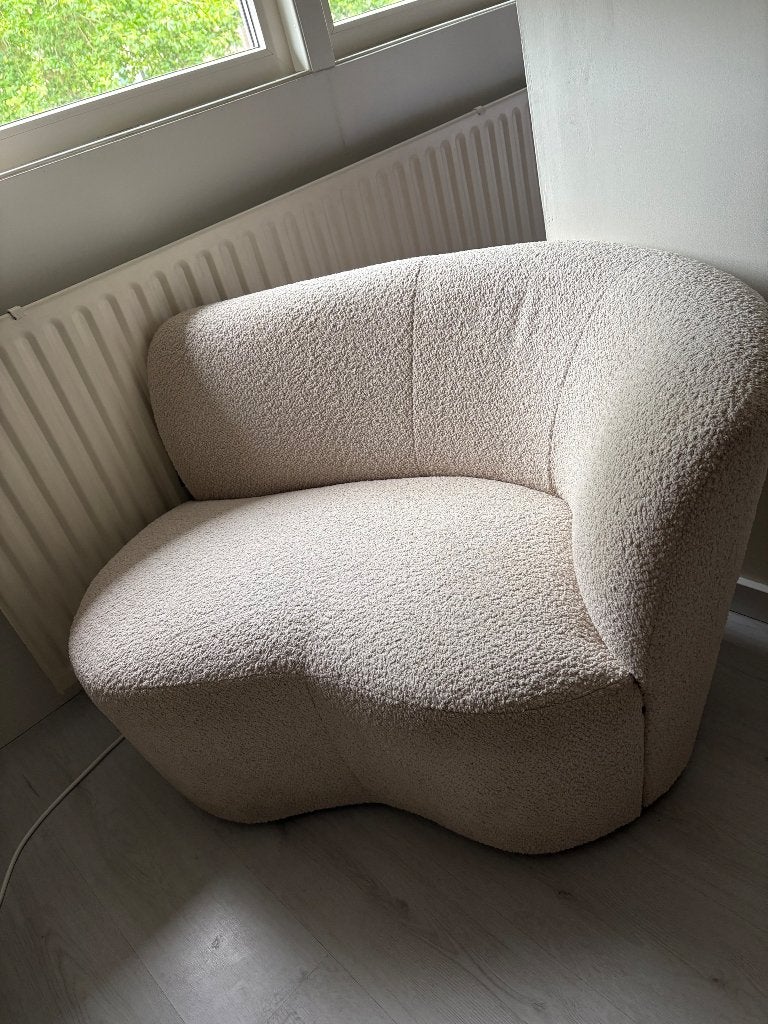 WOOOD Fauteuil stone crème bouclé stof, Ophalen, Minder dan 75 cm, Zo goed als nieuw, 75 tot 100 cm