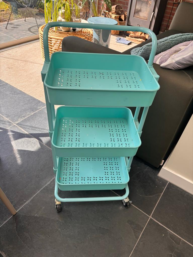 Handige turquoise roltafel met 3 niveaus, Ophalen of Verzenden, Gebruikt