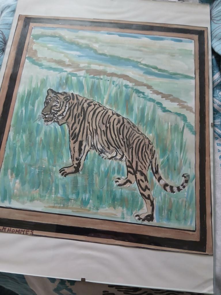 Schilderij van een tijger in het gras, Ophalen