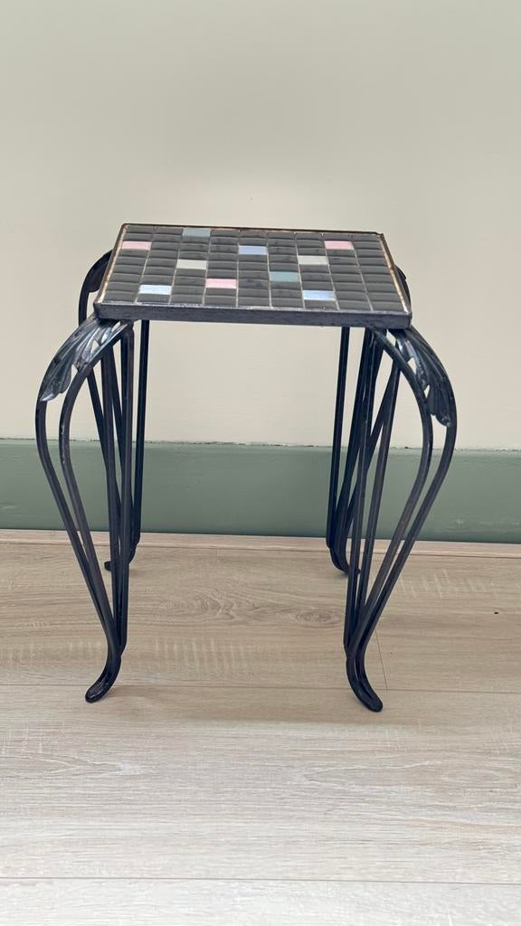 Vintage tafel bijzettafel mozaiektafel plantentafel, Minder dan 45 cm, Gebruikt, Metaal of Aluminium, Vierkant