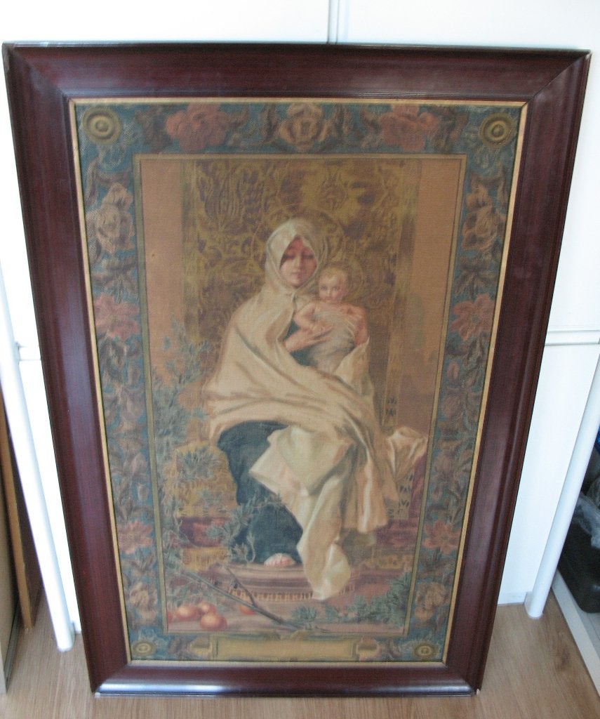 Antiek groot Wiehler Gobelin wandkleed "Madonna met kind”, Ophalen