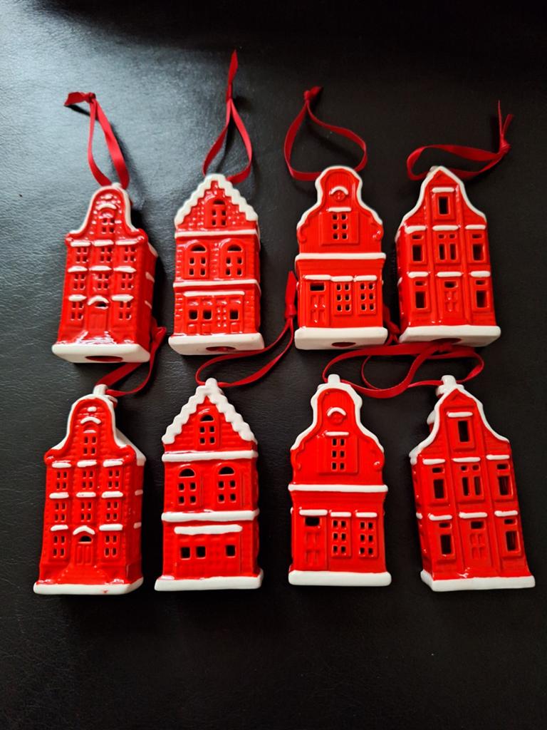8 Kerstboomhangers grachtenpandjes. Postcodeloterij., Ophalen of Verzenden, Zo goed als nieuw