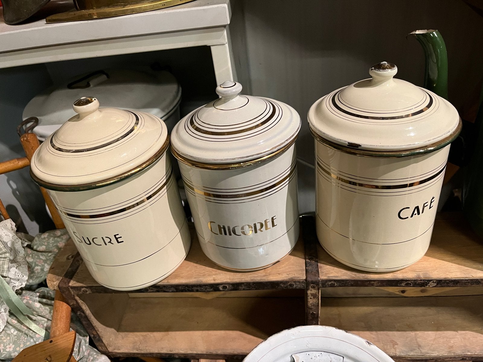 Vintage emaile Franse voorraadbussen - Chicoree, Cafe, Sucre, Ophalen of Verzenden