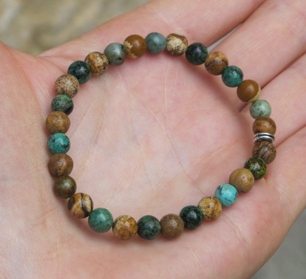 Prachtige armband met Afrikaans turquoise en picture Jaspis, Verzenden, Nieuw, Elastiek, Met edelsteen