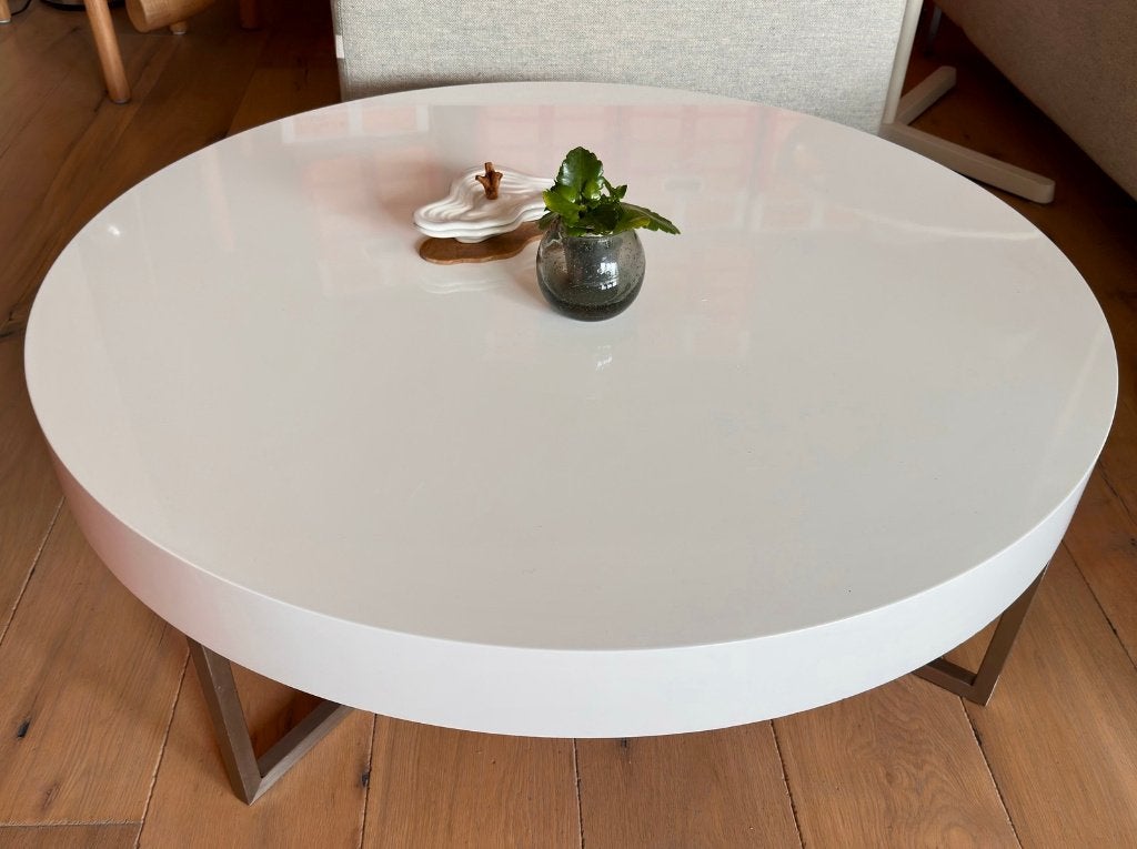 Te koop: Ronde salontafel — wit hoogglans, RVS onderstel, Ophalen, 50 tot 100 cm, Rond, 50 tot 100 cm