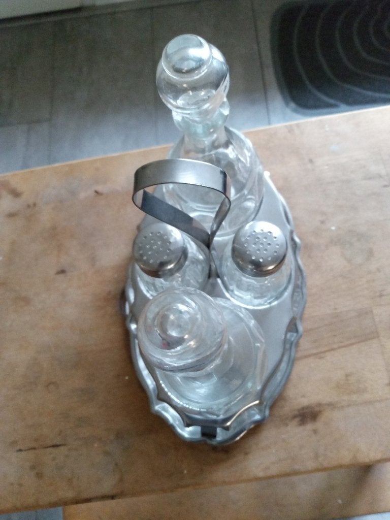 Vintage glazen Olie en Azijn stel met peper en zout strooier, Ophalen of Verzenden