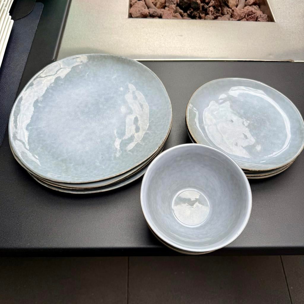 10-delig aardewerk servies: blauw/groen/grijs, Ophalen, Gebruikt, Effen, Aardewerk