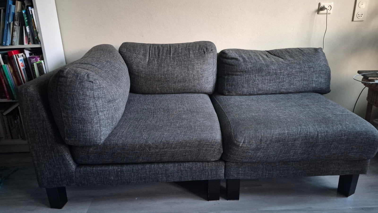 Antraciet stoffen bankstel: 2-zits, stoel en poef, Ophalen, Gebruikt, 125 cm of meer, 75 tot 100 cm
