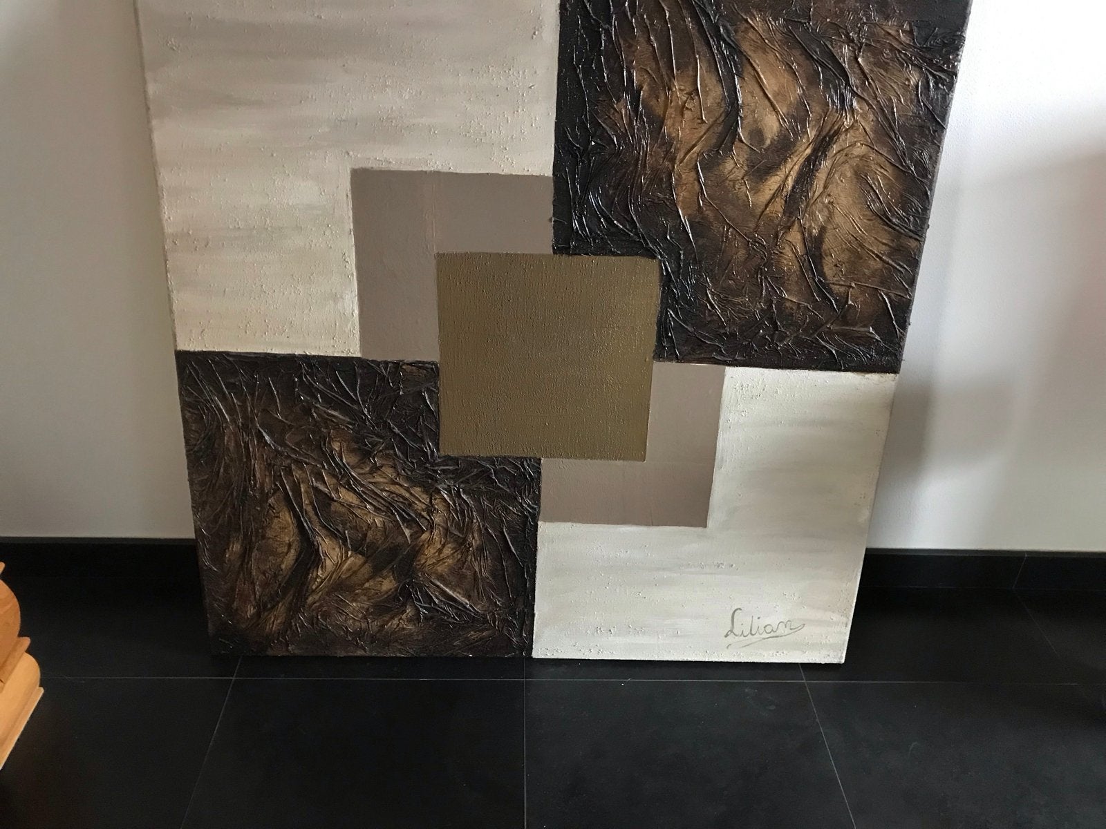 Abstract Schilderij - Bruin, Beige, Goud, Ophalen