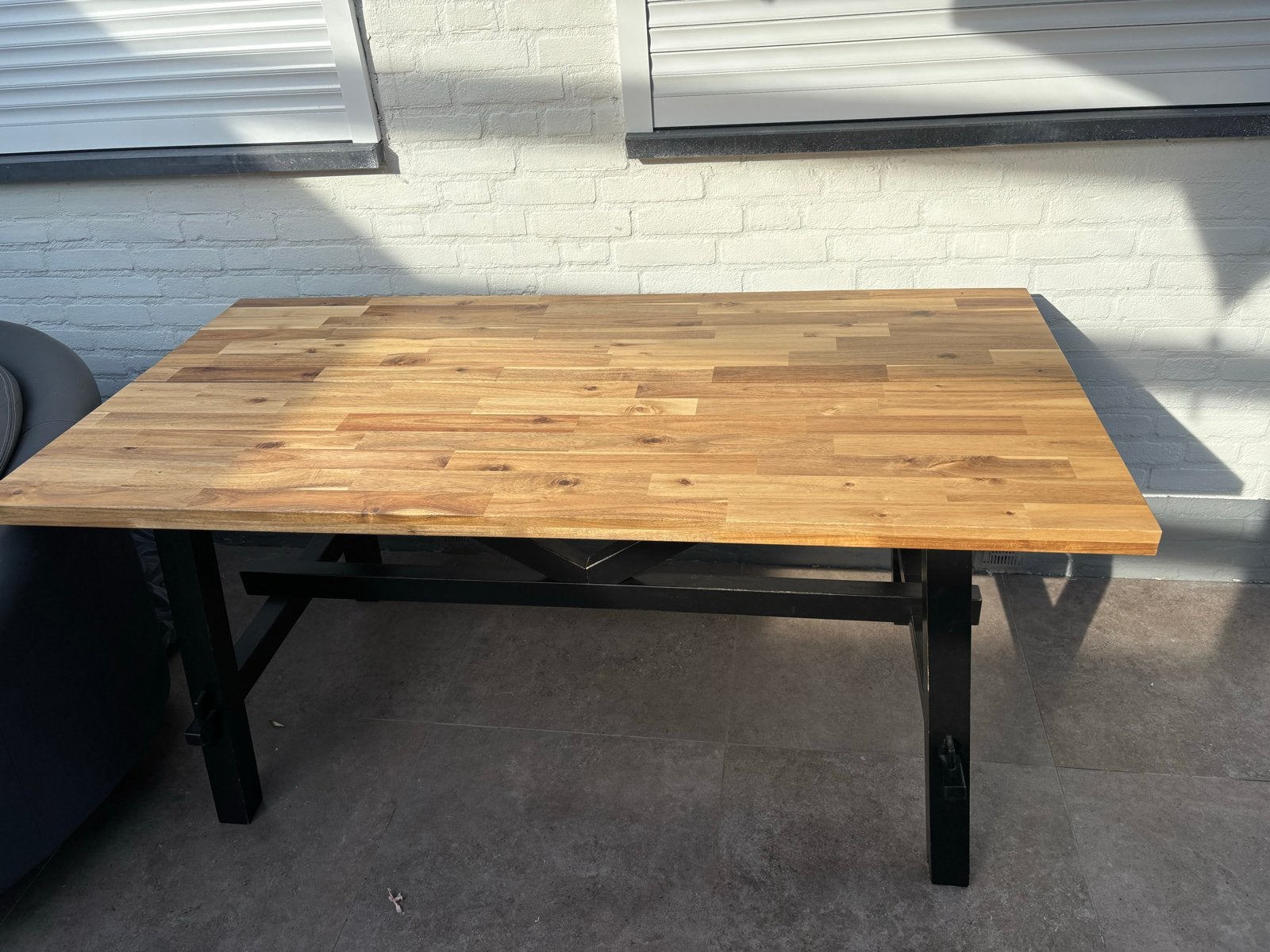 IKEA SKOGSTA Tafel, acacia/zwart, 160x81x74 cm, Ophalen, Gebruikt, 50 tot 100 cm, 150 tot 200 cm