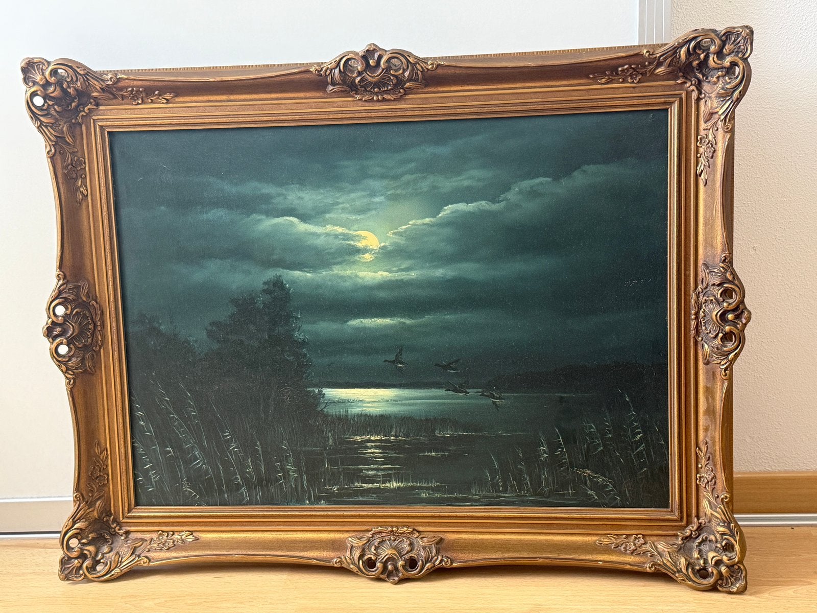 Sfeervol Olieverfschilderij Ch. Sharp - Eenden bij Maanlicht, Ophalen