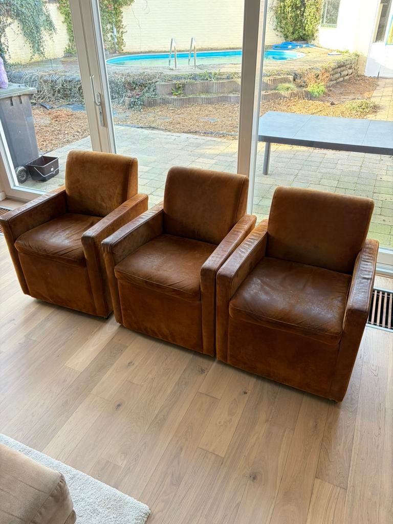 Prachtige cognac lederen fautuils, Ophalen, Gebruikt, Minder dan 75 cm, 50 tot 75 cm
