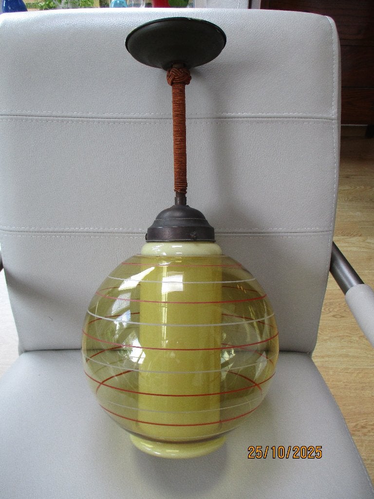 Plafondlamp - Vintage - jaren 20 - glas, Ophalen, Gebruikt, Glas