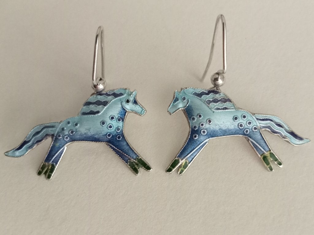 Zilveren emaille oorbellen blauw paard Zarah by Zarlite, Hangers, Blauw, Ophalen of Verzenden, Zo goed als nieuw