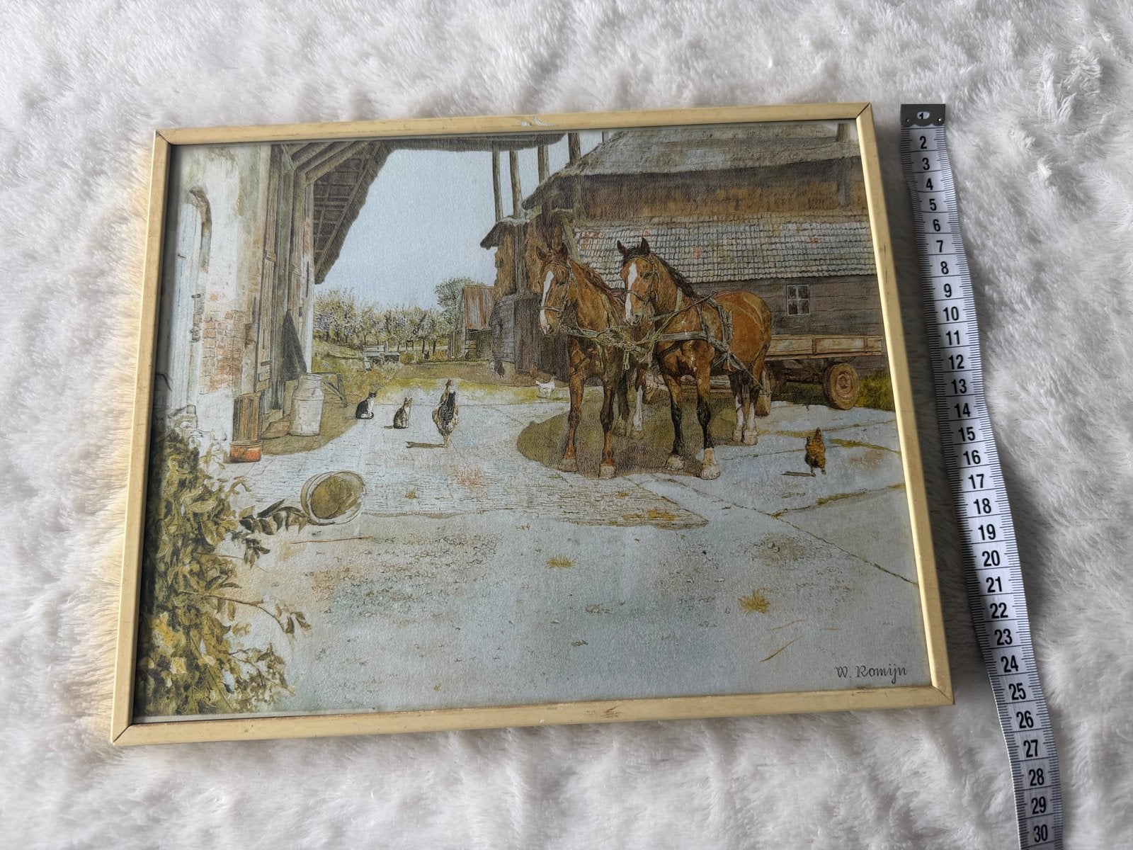 Schilderij W. Romijn: Paarden op boerenerf, Achter glas, Realistisch, Dieren, Ophalen of Verzenden