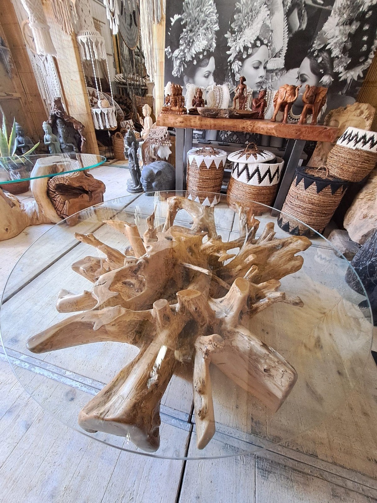 Salontafel Teakhout met facet geslepen glasplaat, Ophalen, Bohemian, Rustiek, Modern, Www.ibizasfeer.nl, Rond