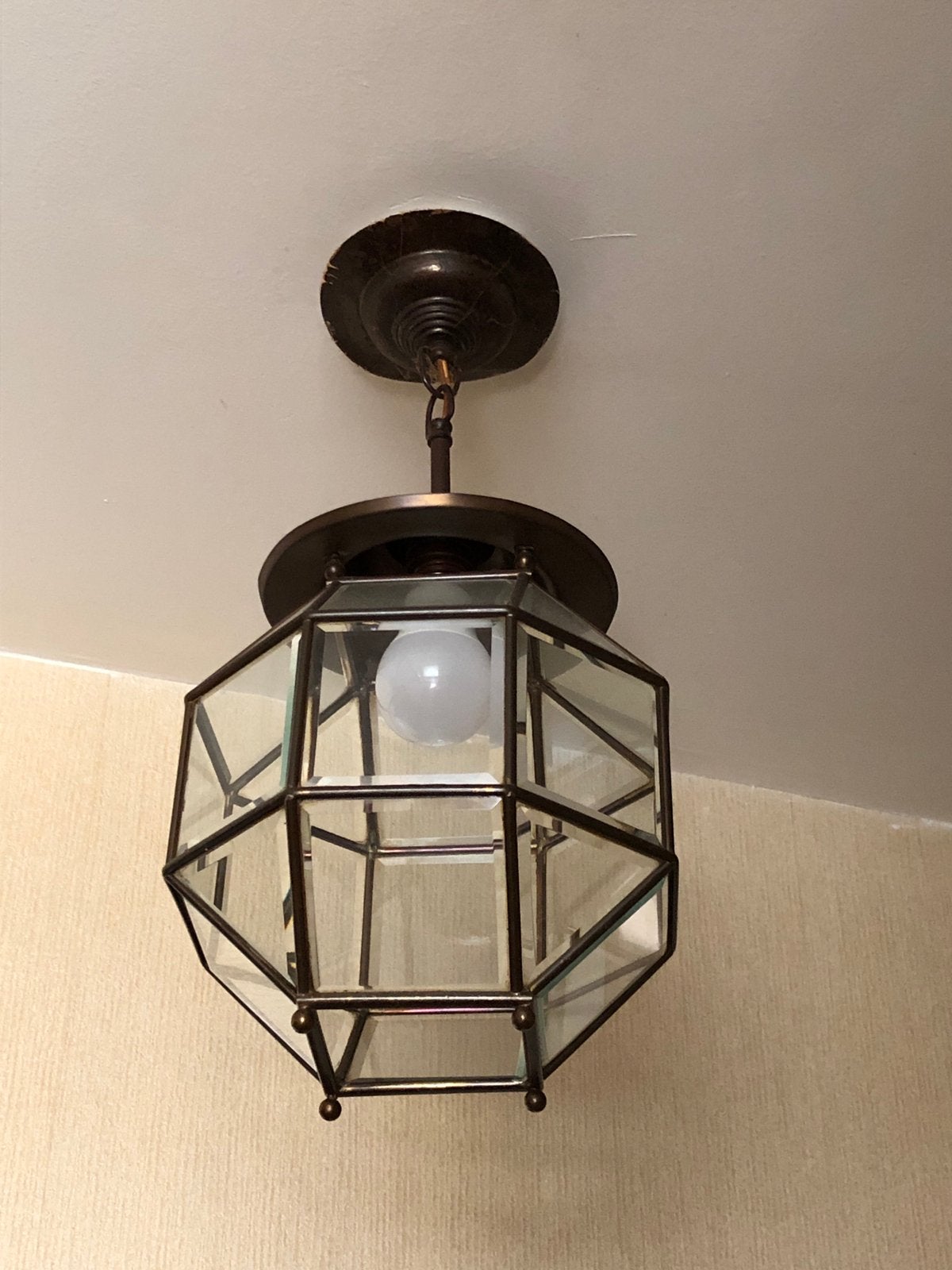 Vintage hanglamp koper/glas, Ophalen, Gebruikt, Glas, E27 (groot)