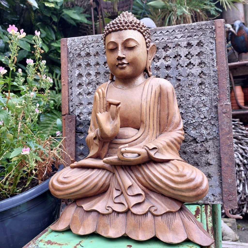 Gedetailleerd handgesneden houten Boeddhabeeld Vitarka Mudra, 40 cm, Ophalen of Verzenden, Zo goed als nieuw, Hout
