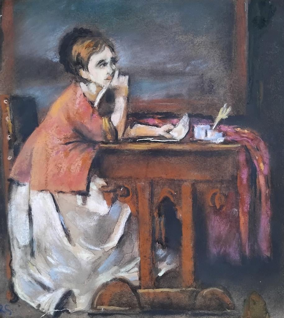 Origineel pastel schilderij op papier. Dame., Antiek en Kunst, Kunst | Schilderijen | Klassiek, Ophalen of Verzenden