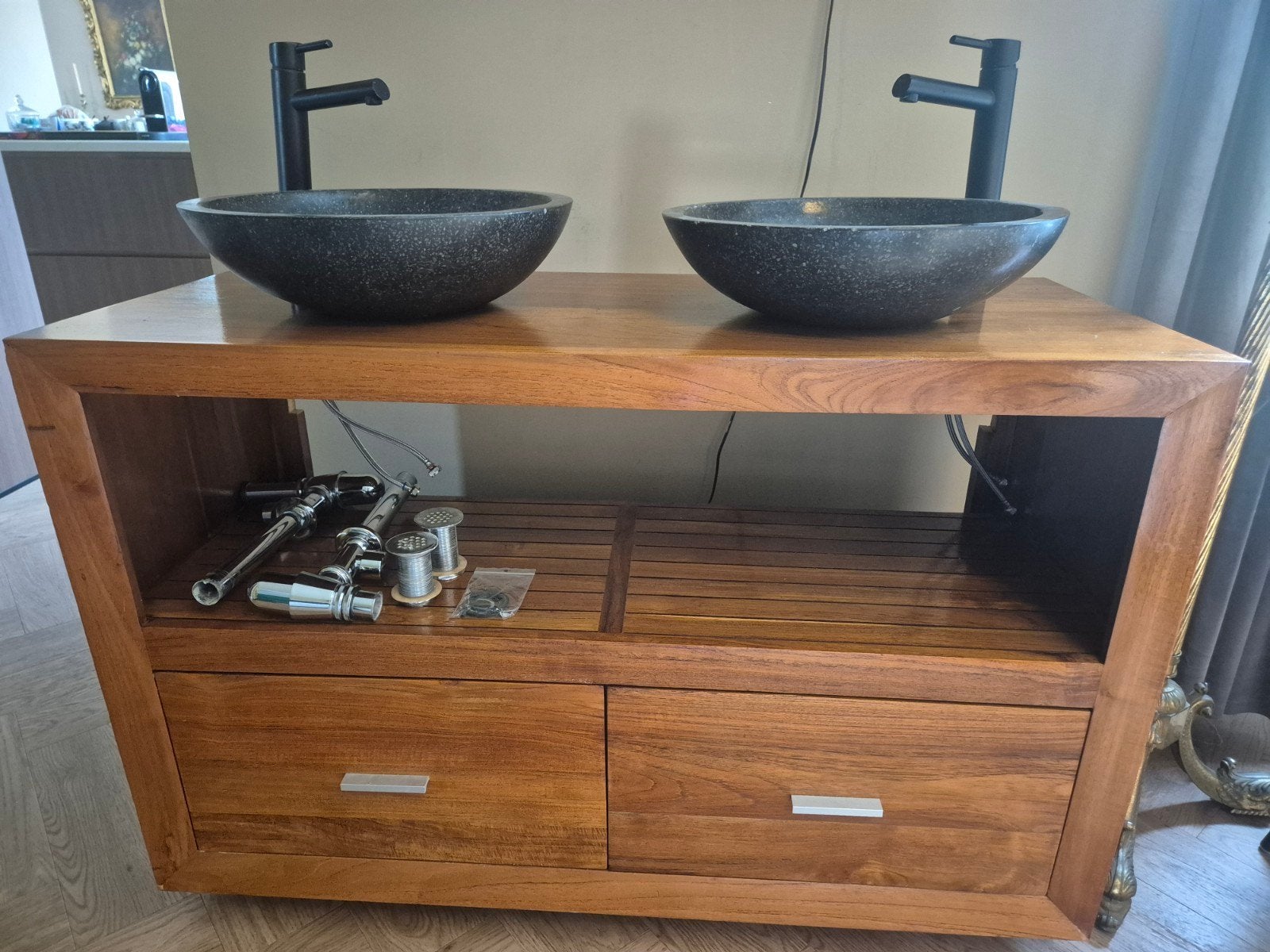 Teakhouten badkamermeubel met dubbele wasbakken, Ophalen, Gebruikt, 100 tot 150 cm, Minder dan 100 cm