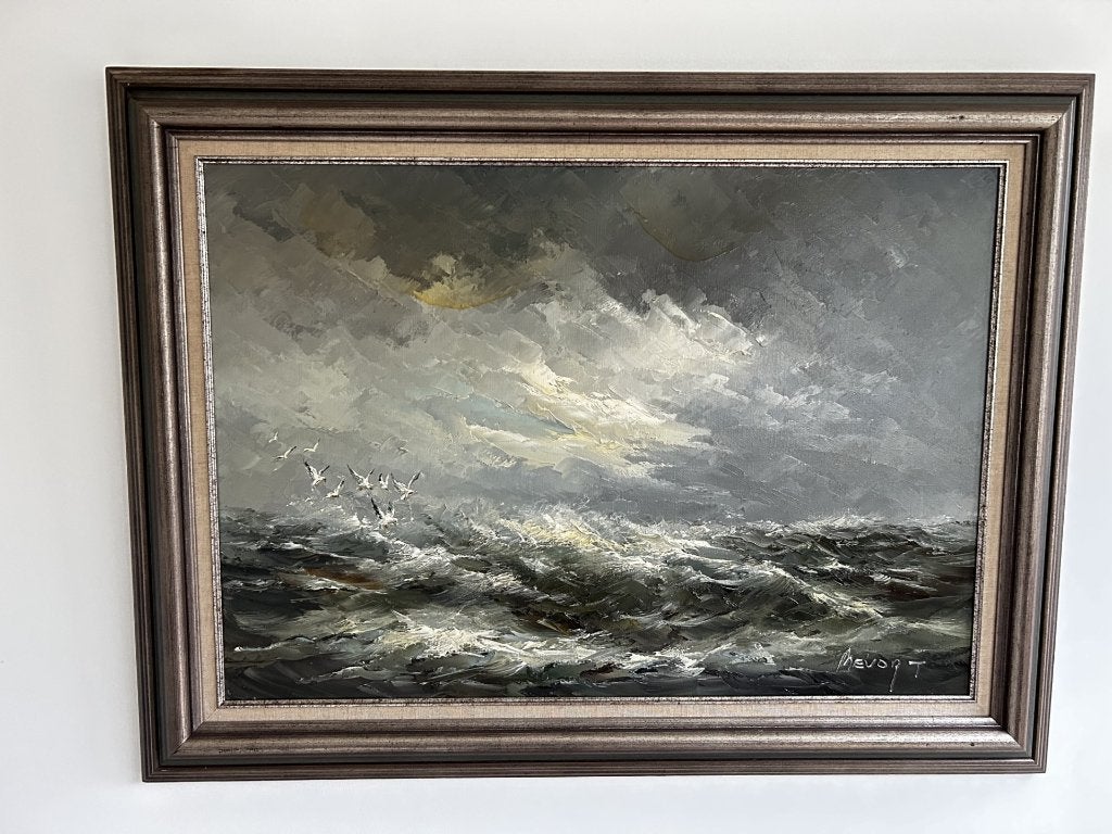 Groot schilderij Johannes Bévort – woeste zee, Ophalen, Maritiem / water, Doek, Impressionistisch