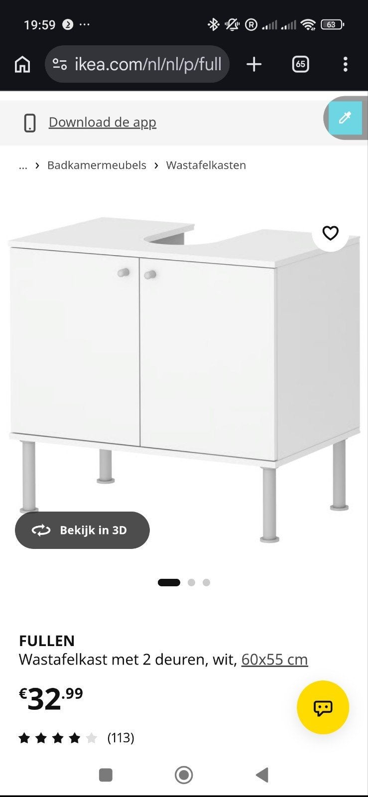 IKEA Fullen wastafelkast wit, Ophalen, Gebruikt, 50 tot 100 cm, Minder dan 100 cm