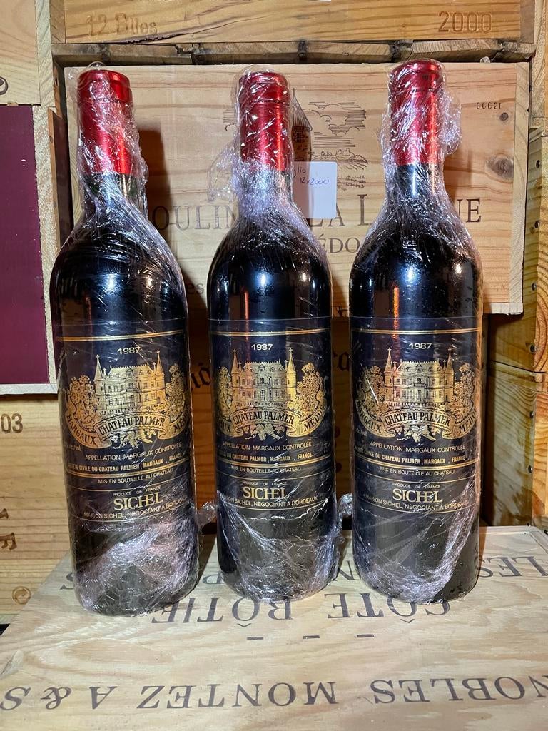 Château Palmer Margaux 1987 - Drie flessen, Verzamelen, Wijnen, Gebruikt, Frankrijk, Ophalen of Verzenden, Rode wijn