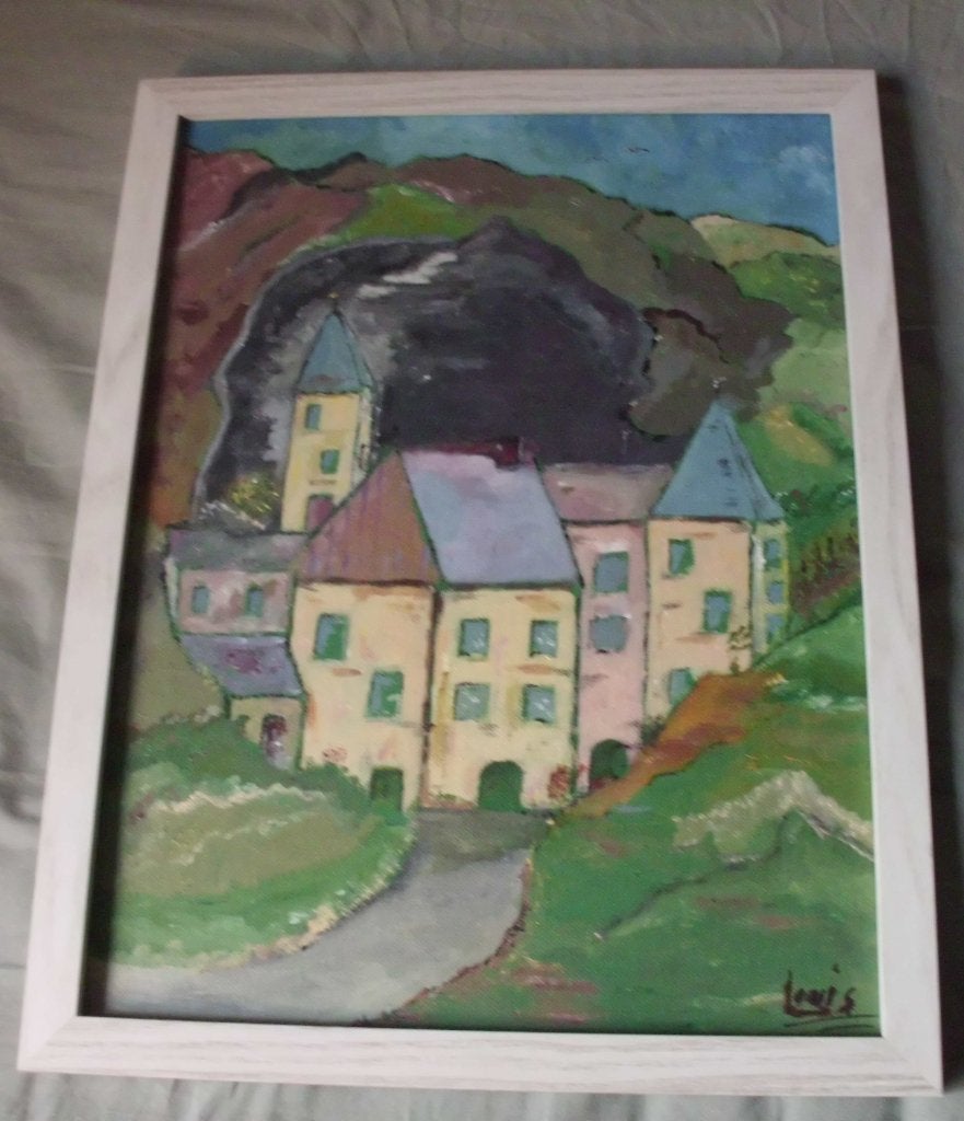 Huizen in de heuvels ., Antiek en Kunst, Acrylverf, Doek, Impressionistisch, Ophalen of Verzenden