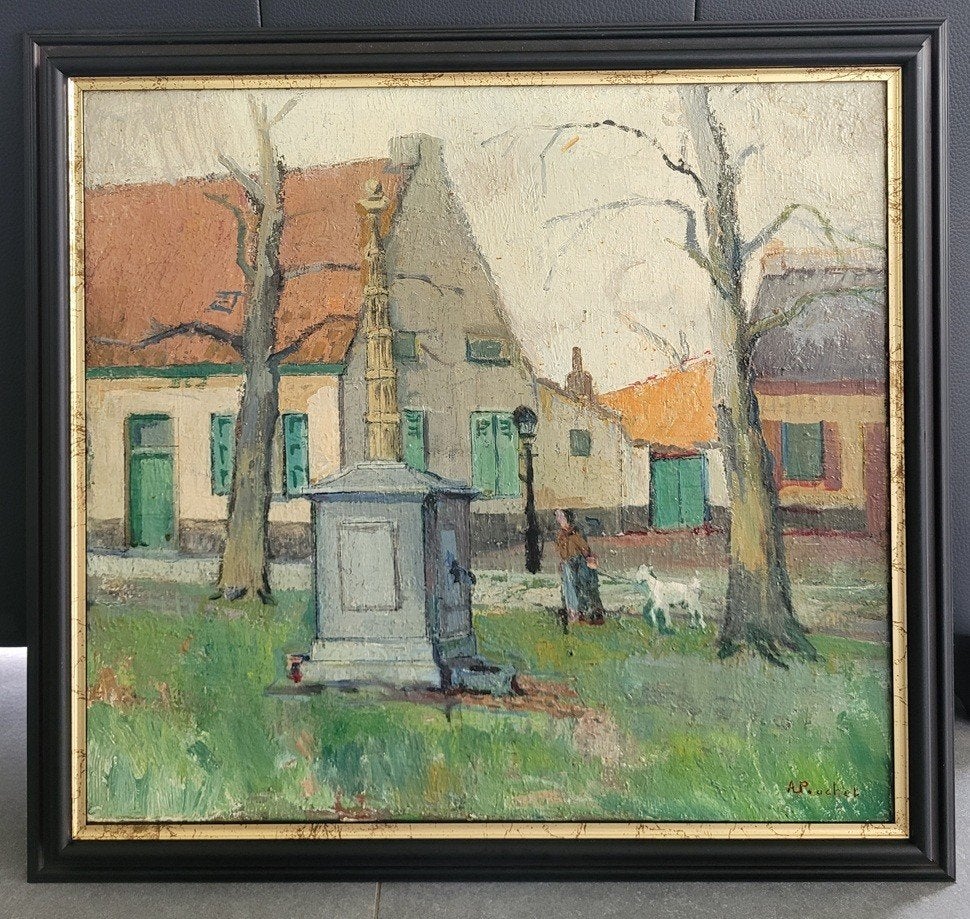 Adolf POUCHET, boerin met geit, Antiek en Kunst, Doek, Ophalen of Verzenden, Landschap, Olieverf
