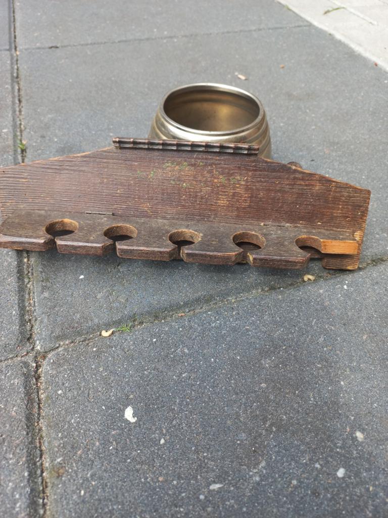 Vintage houten pijpenrek met messing houder, Ophalen of Verzenden