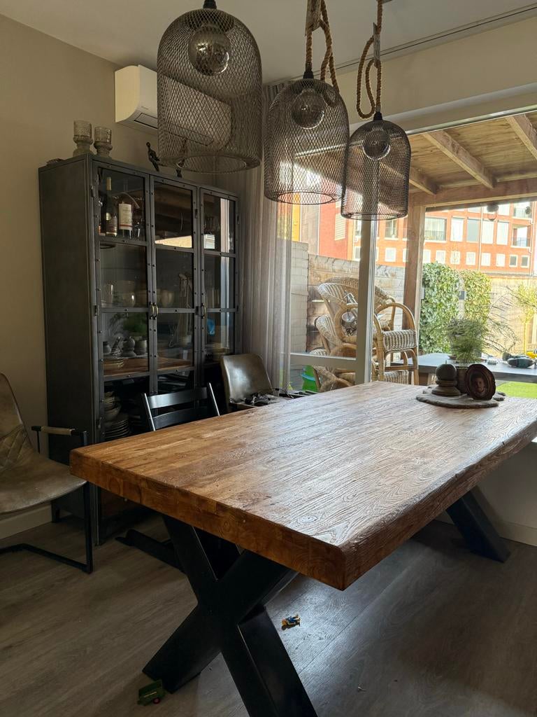 Prachtige mango tafel met zwarte X-poot - 200 cm, Gebruikt, 200 cm of meer, Rechthoekig, Overige houtsoorten