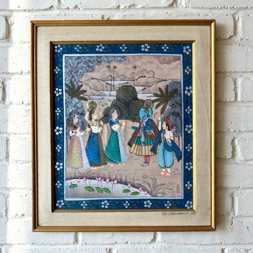 Vintage Indiase Miniatuur Schilderij Krishna met Gopi's, Minder dan 50 cm, Gebruikt, Ophalen of Verzenden, Schilderij