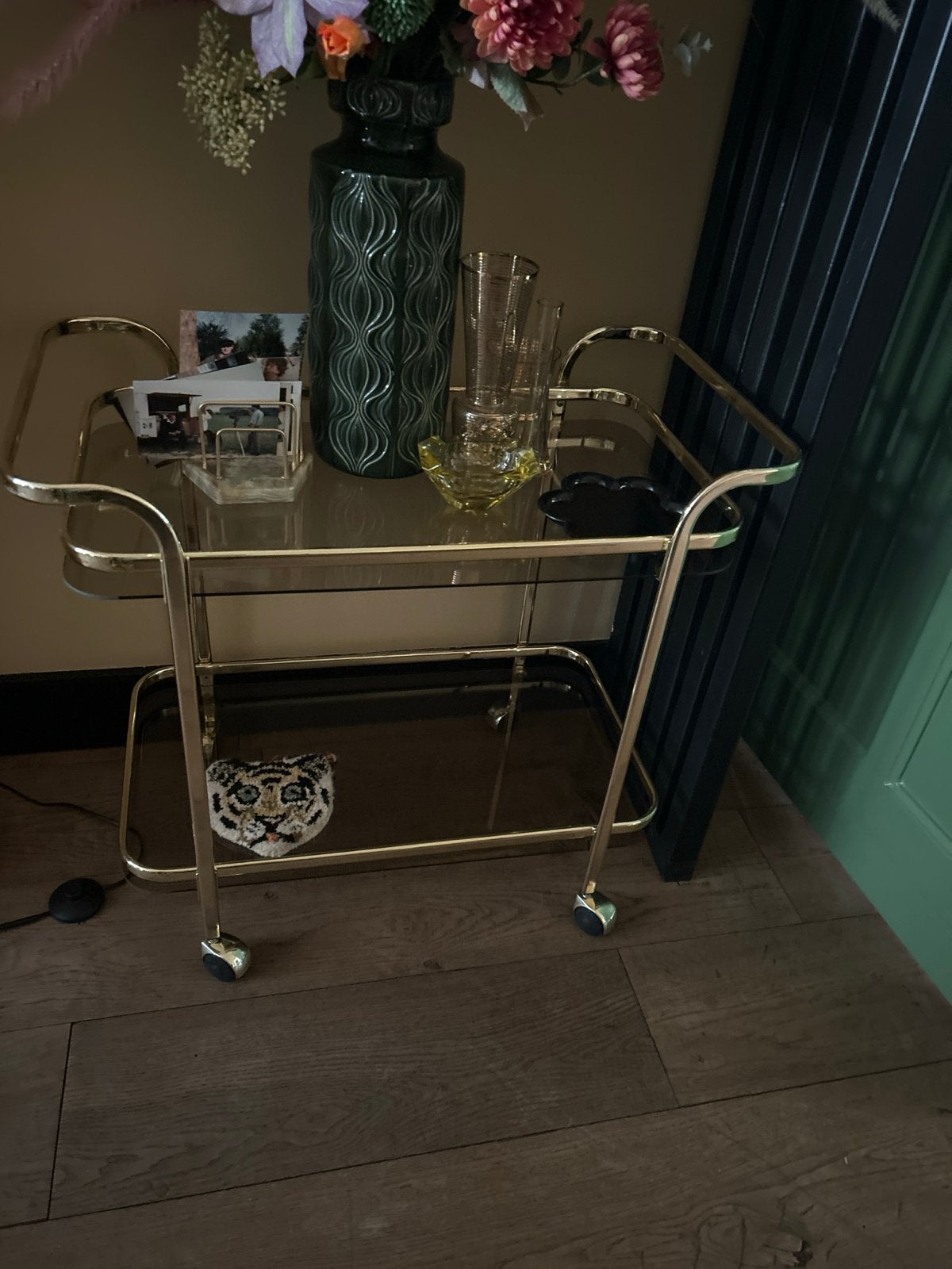 Vintage gouden serveerwage met spiegel rookglas, Ophalen, Gebruikt