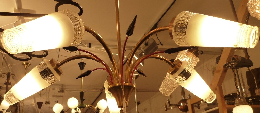 Vrolijk retro lampje jaren 50/60 met 5 kappen., Ophalen, Zo goed als nieuw, Glas, E14 (klein)