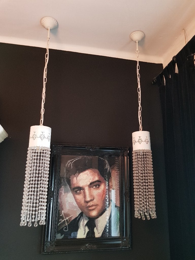 2 dezelfde brocante hanglampen met glasslierten, E14 (klein), Ophalen of Verzenden, Zo goed als nieuw, Glas