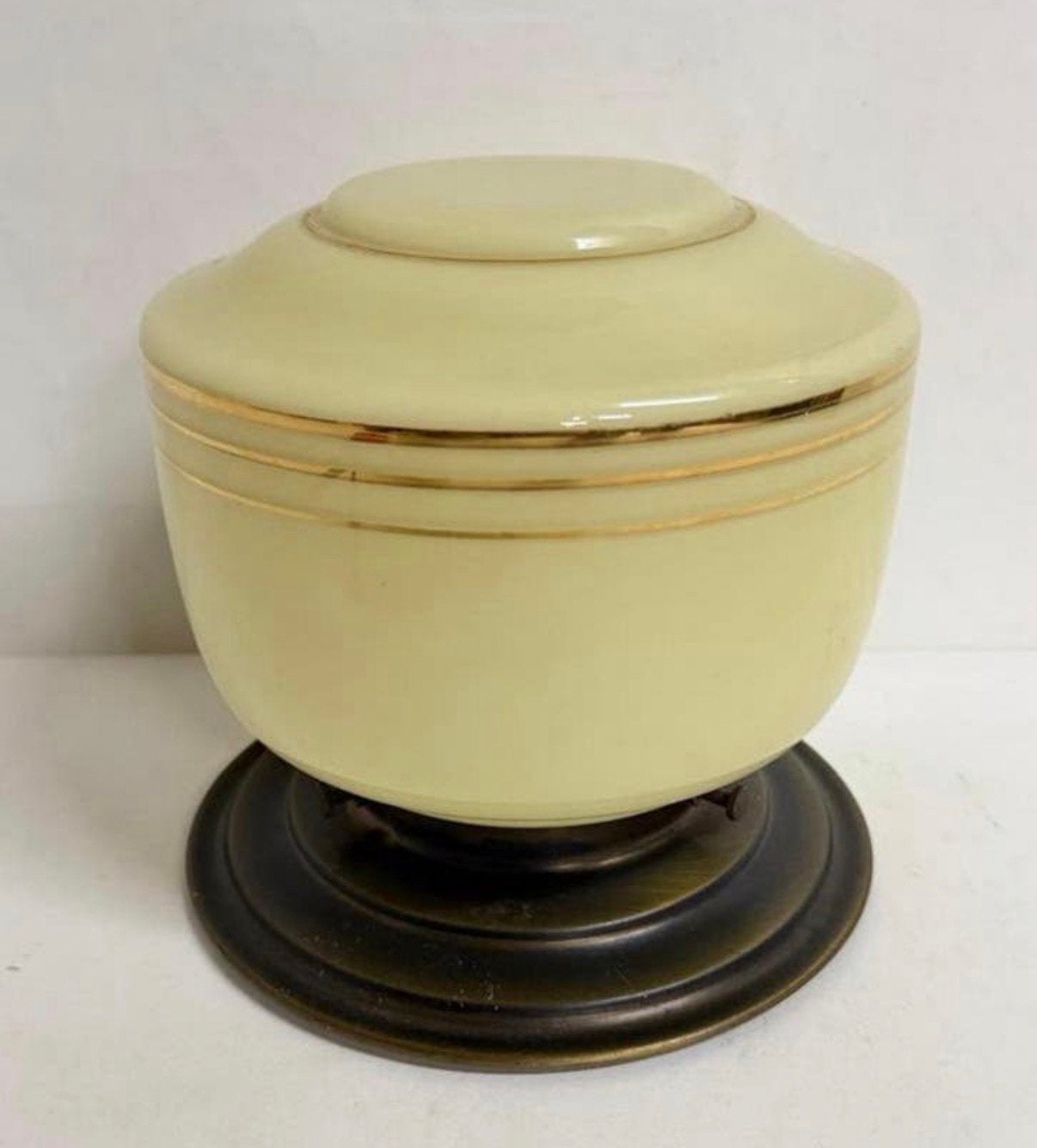 Crème art deco lamp met gouden lijnen luxe armatuur vintage, Zo goed als nieuw, Plafondlamp, Geel, E27 (groot)