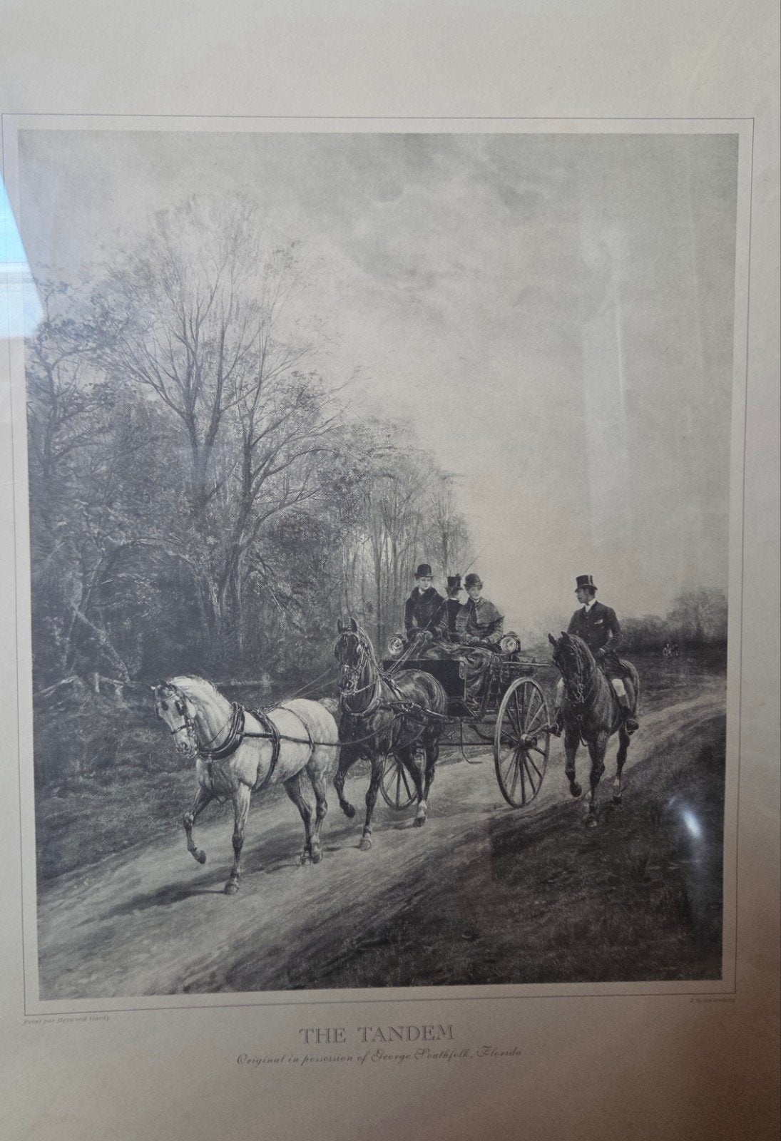 Antieke Gravure 'The Tandem' - Paarden en Koets, 1800 - 1899, Ophalen of Verzenden, Gravure, Ingelijst