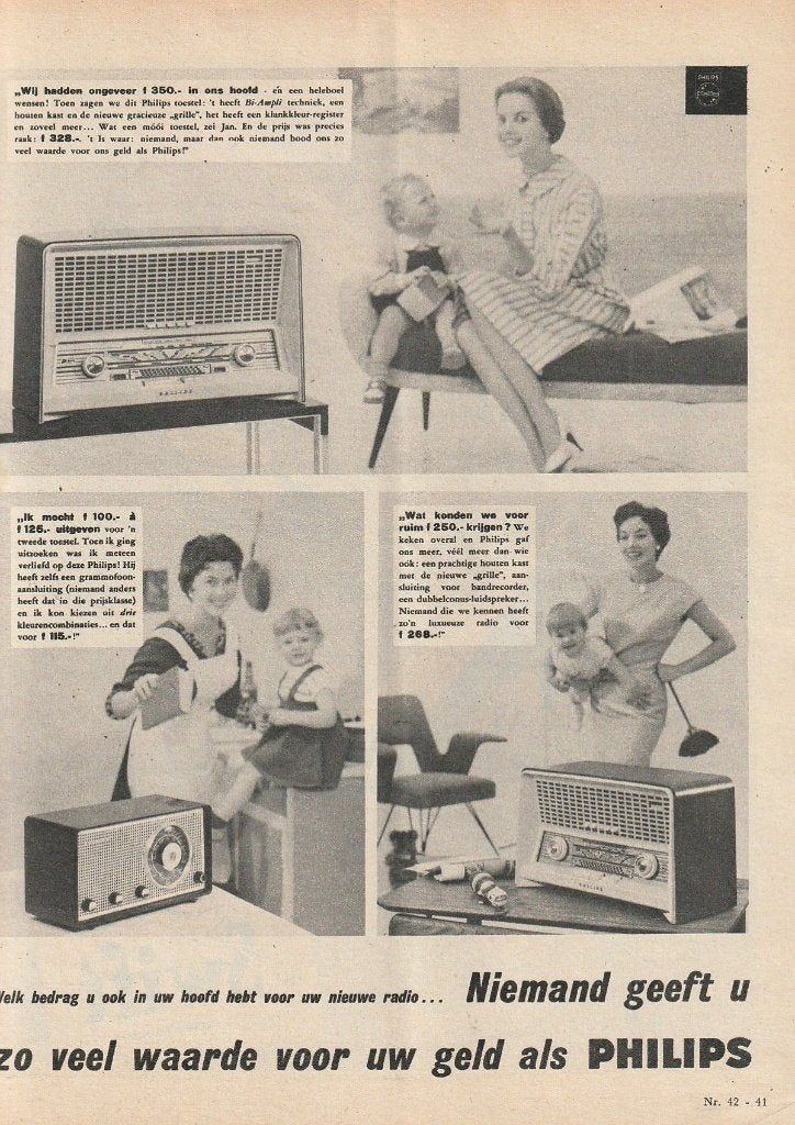 retro reclame 1958 Philips radio 3 verschillende soorten, Verzenden, Overige typen