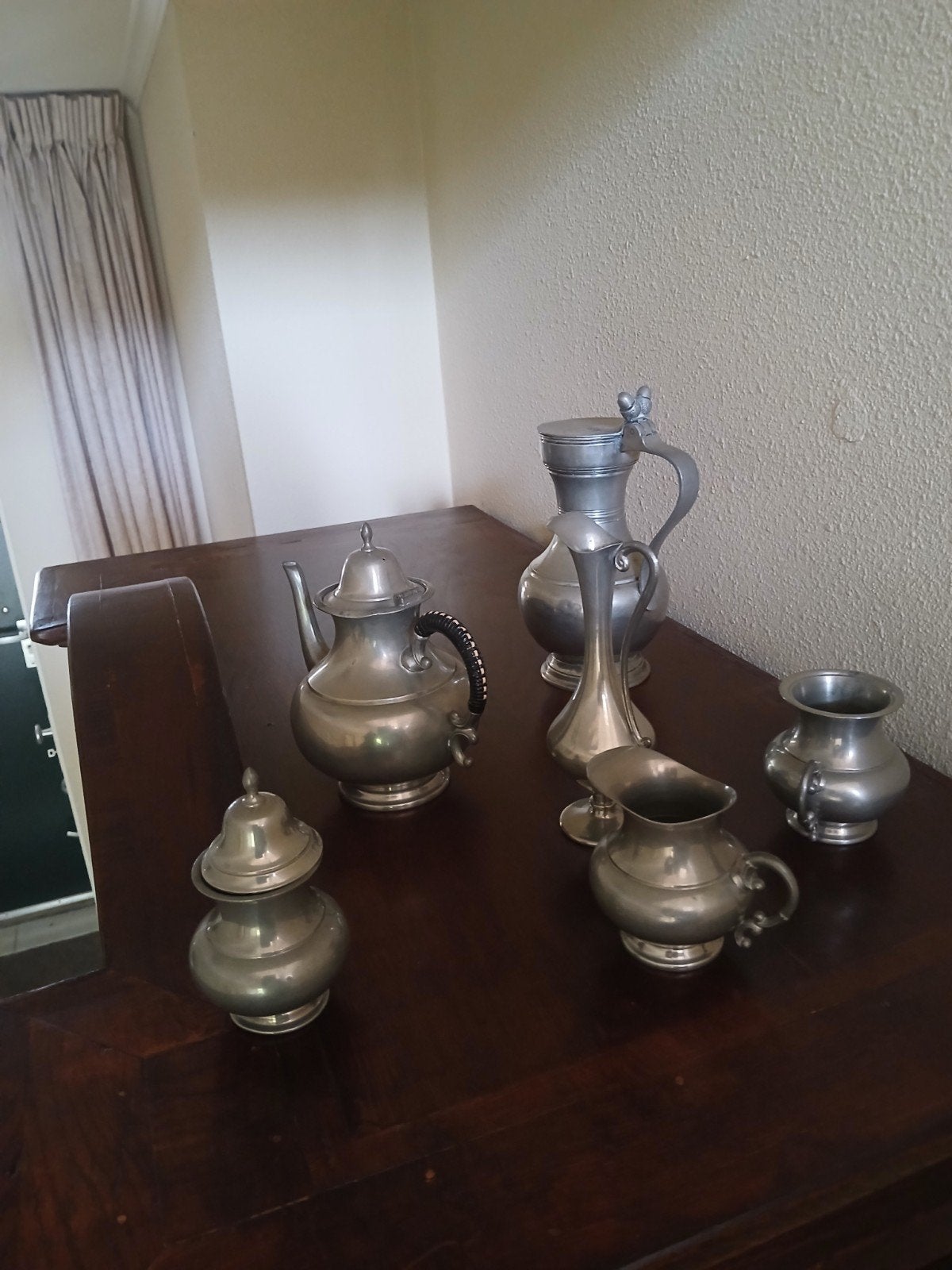 Antieke tinnen theepot en kannen set, 6 delig., Antiek en Kunst, Antiek | Tin, Ophalen