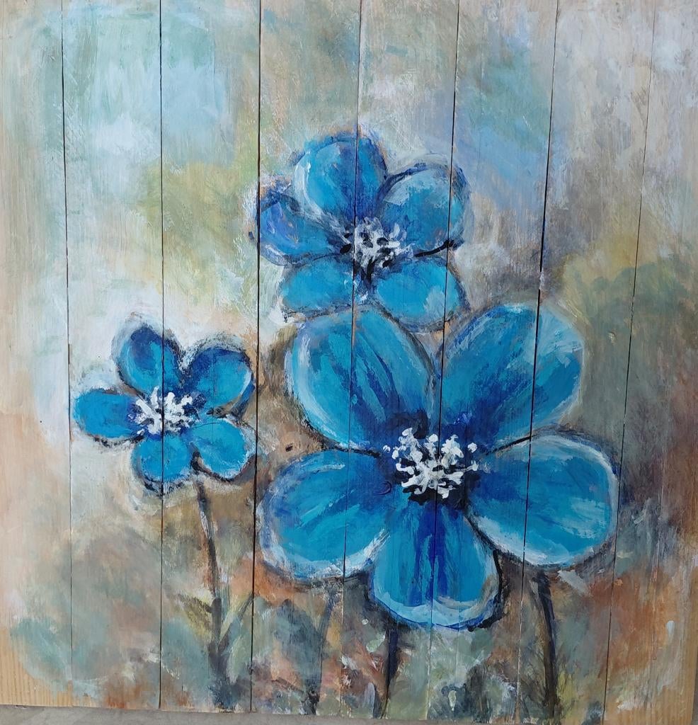 Blauwe bloemen op houten paneel voor buiten, Ophalen of Verzenden